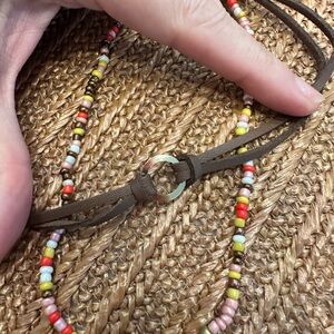 2 Boho Necklaces: Colorful Beads & Brown Suede Double Strand Gold Circle